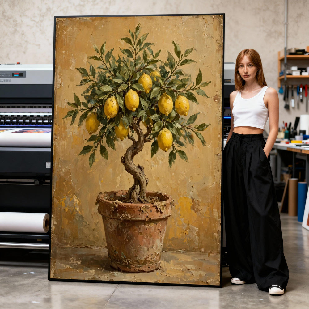 Canvas Art Print Lemon Tree Rustic Terracotta Pot with Twisted Trunk and Green Leaves Print Art
