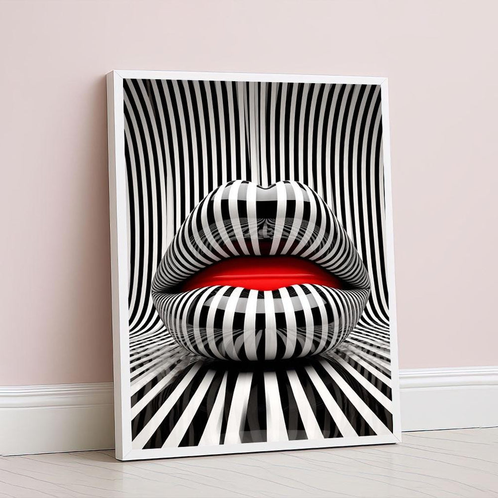Bold Optical Illusion Lips Canvas Wall Art Print  Minimalist Black & White Living Room Decor  Ready to Hang
