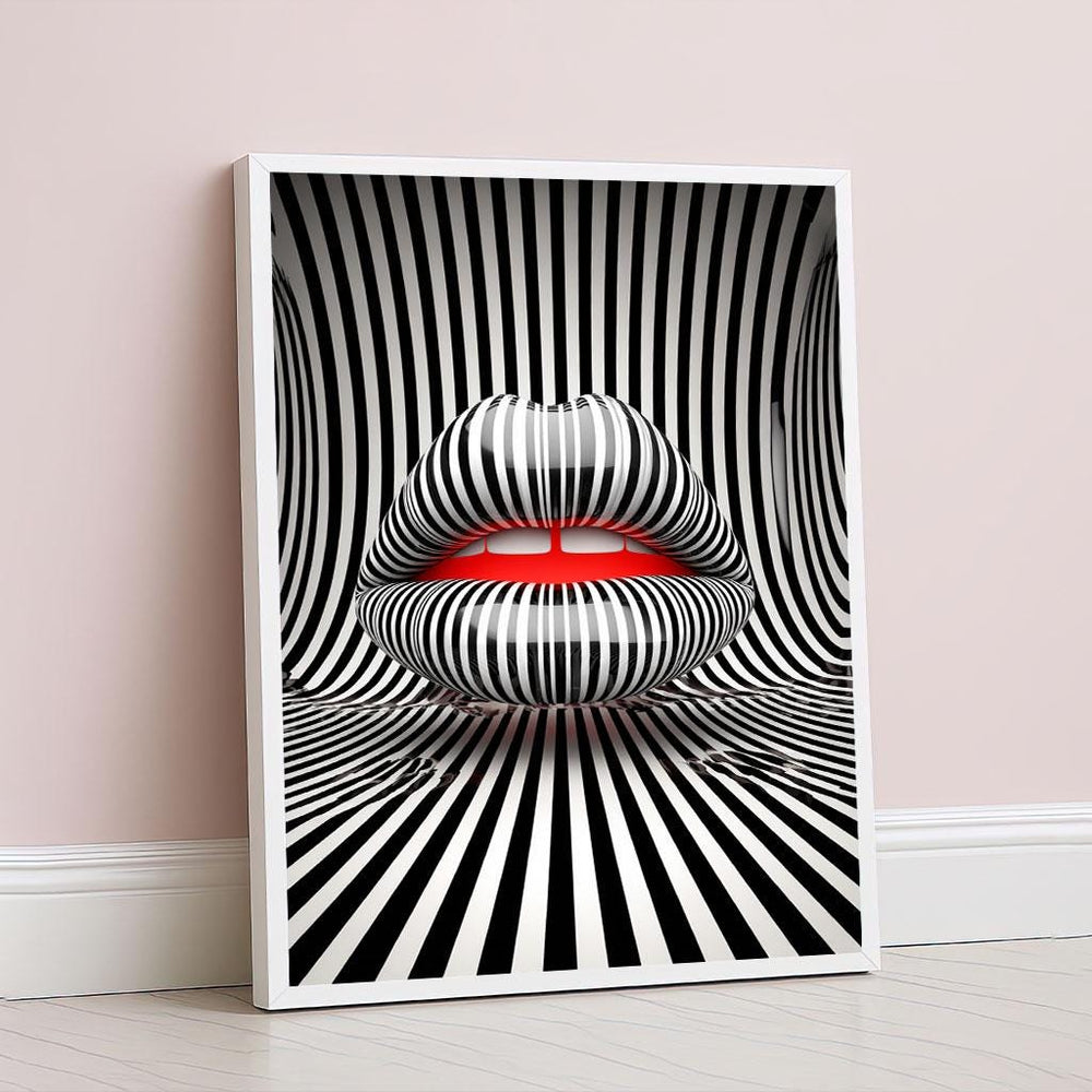 Striking Optical Illusion Lips Canvas Wall Art Print  Black & White Living Room Decor  Statement Piece