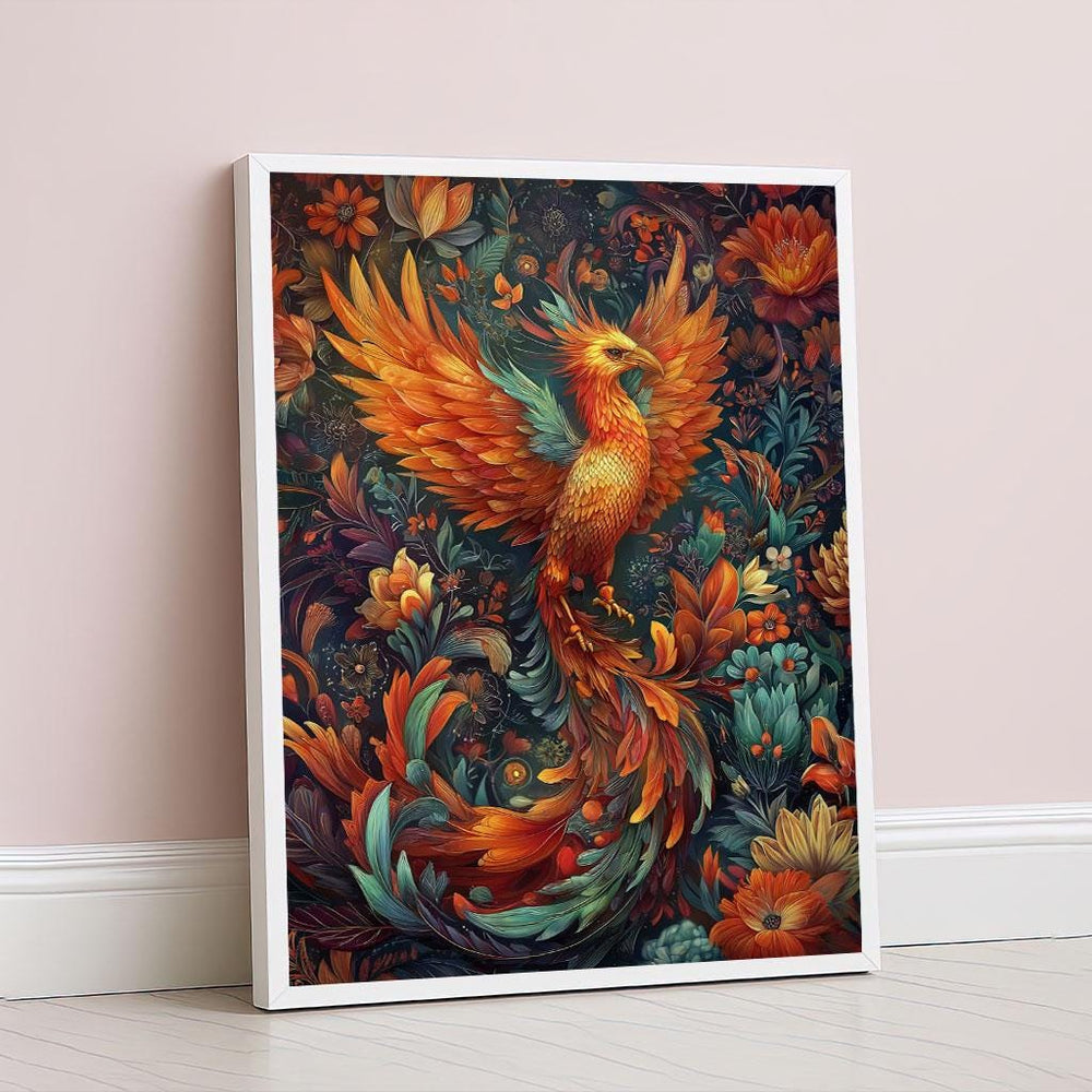 Majestic Phoenix in Bloom Canvas Wall Art Print  Vibrant Boho Living Room Decor  Statement Piece
