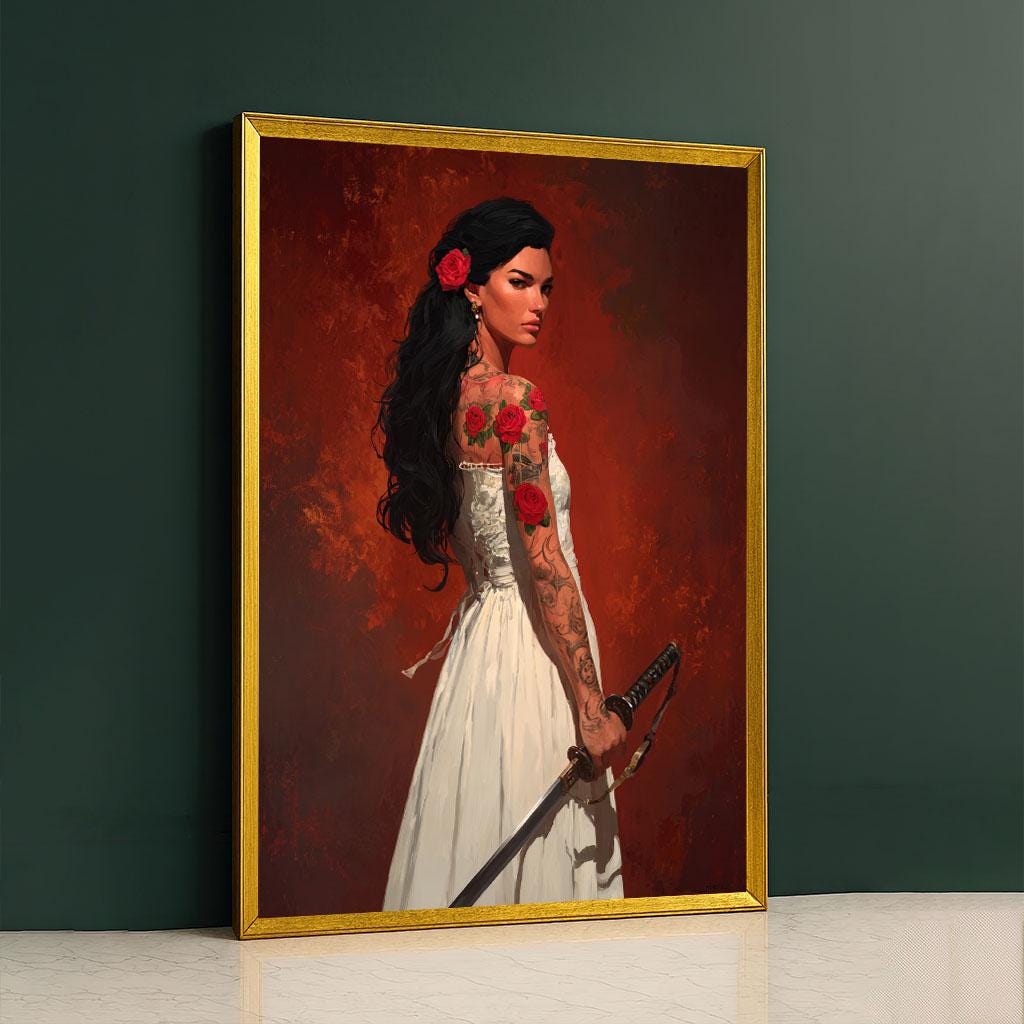 Image 3 of Fierce Tattooed Woman with Sword Canvas Wall Art Print | Bold Modern Bedroom Wall Decor | Statement Piece
