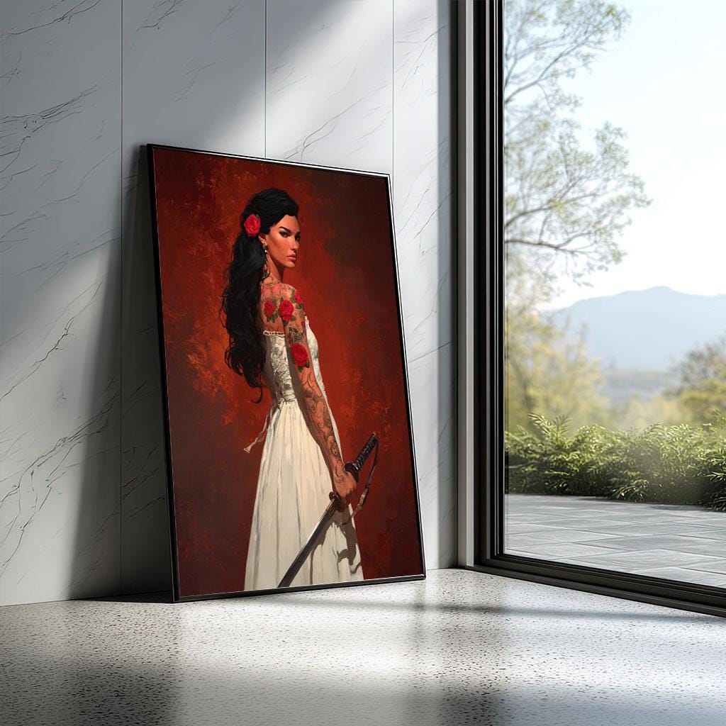 Image 5 of Fierce Tattooed Woman with Sword Canvas Wall Art Print | Bold Modern Bedroom Wall Decor | Statement Piece