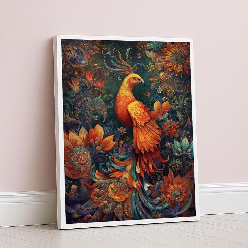 Vibrant Phoenix and Floral Abstract Canvas Wall Art Print  Orange and Blue Living Room Decor  Statement Piece
