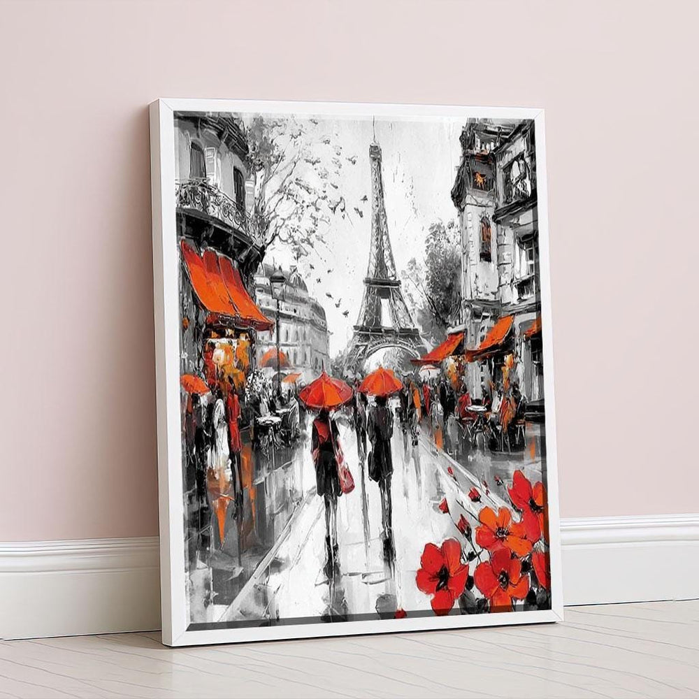 Romantic Paris Street Scene Canvas Wall Art Print  Red and Gray Living Room Decor  Statement Piece