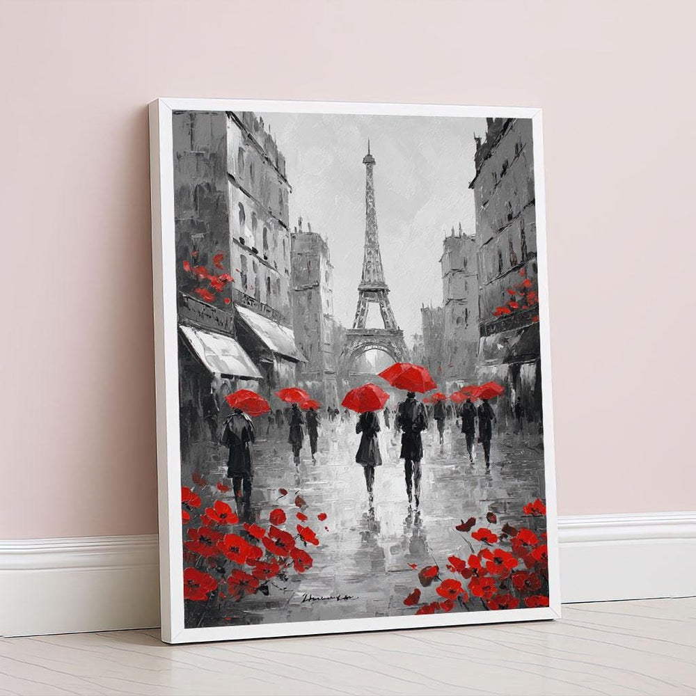Elegant Paris Street Scene Canvas Wall Art Print  Red and Grey Living Room Decor  Statement Piece