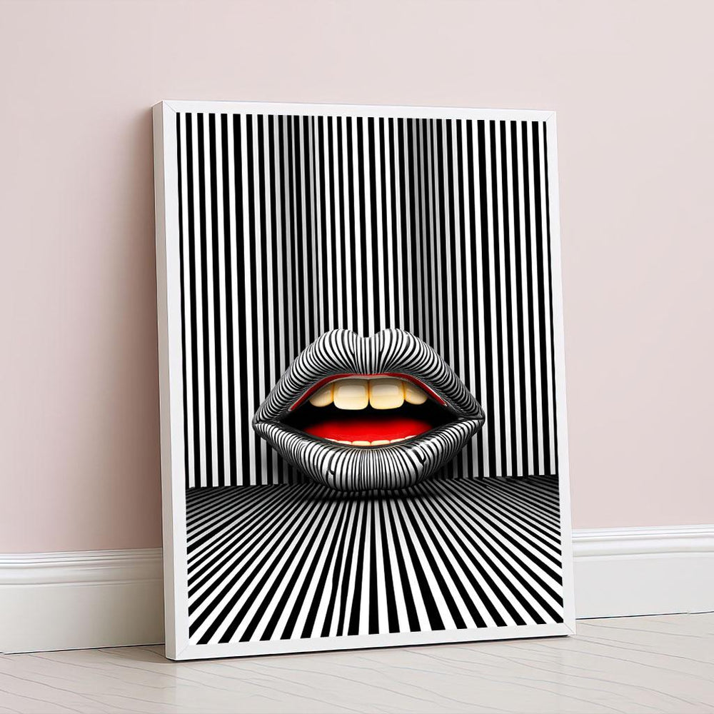 Bold Modern Lips Optical Illusion Canvas Wall Art Print  Black and White Living Room Decor  Statement Piece