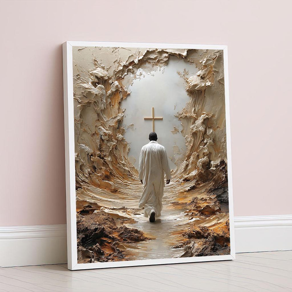 Radiant Jesus Walking Toward Cross Canvas Wall Art Print  Spiritual Living Room Decor  Statement Piece