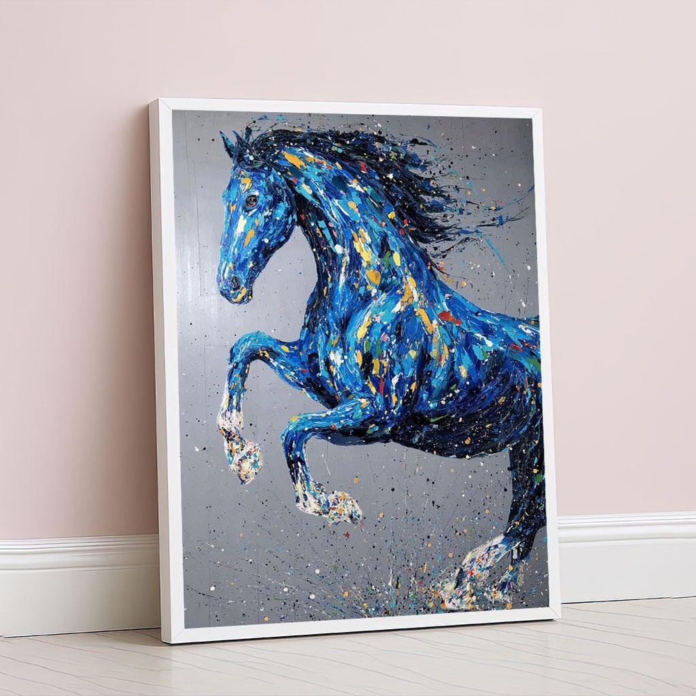 Dynamic Blue Horse Canvas Wall Art Print  Abstract Modern Living Room Decor  Statement Piece