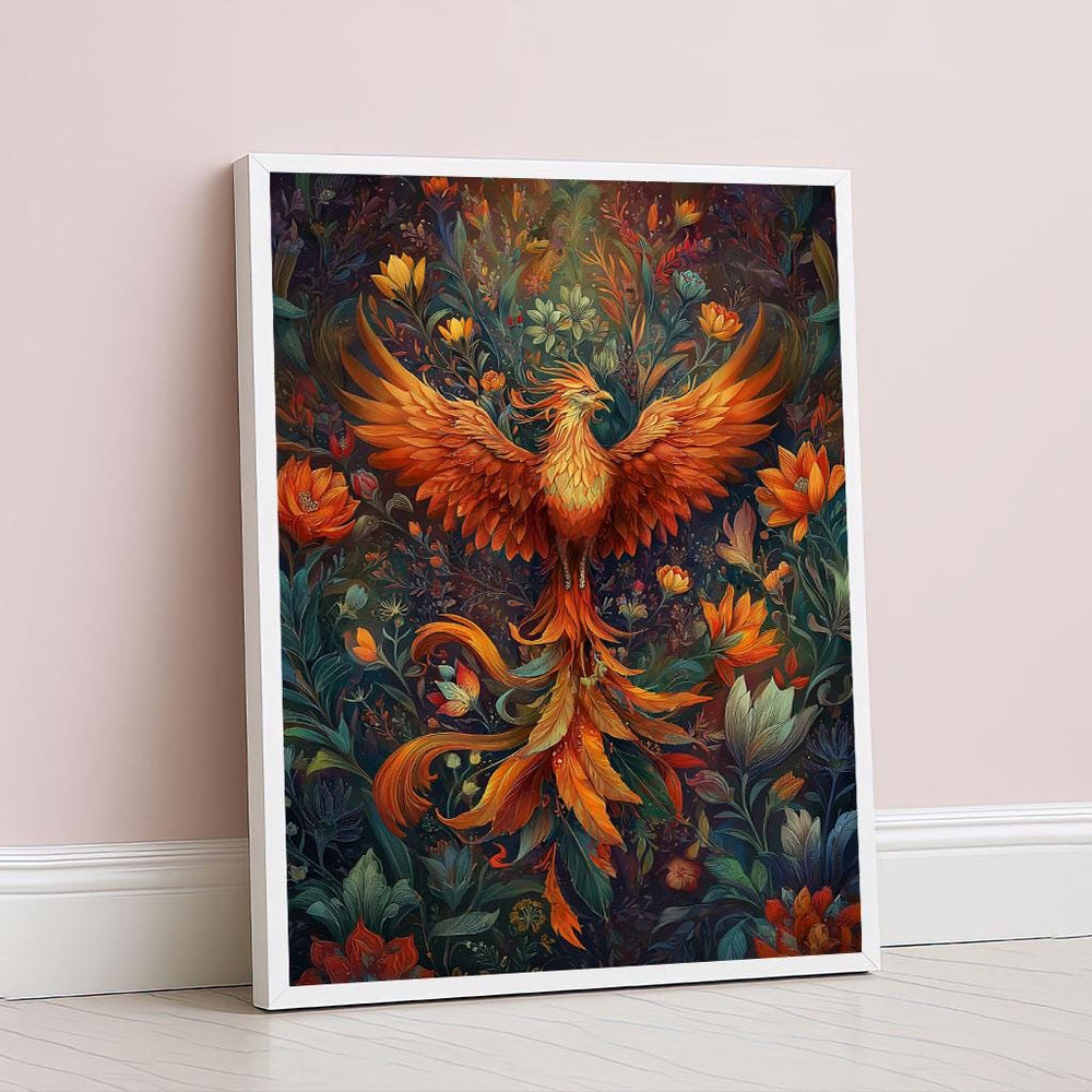 Majestic Phoenix in Bloom Canvas Wall Art Print  Fiery Orange Living Room Decor  Statement Piece for Modern Art Lovers