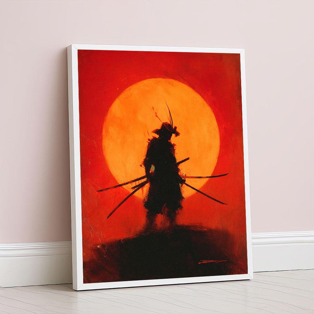 Fierce Samurai Warrior Canvas Wall Art Print  Fiery Red Sunset Living Room Decor  Statement Piece for Modern Art Lovers