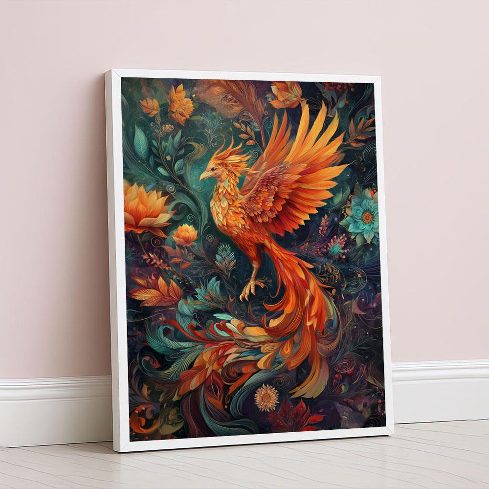Majestic Phoenix in Bloom Canvas Wall Art Print  Vibrant Boho Living Room Decor  Statement Piece