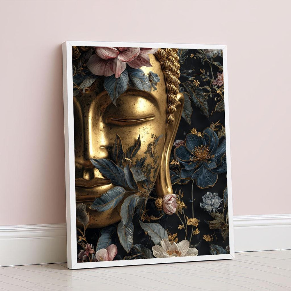 Golden Buddha Floral Canvas Wall Art Print  Boho Zen Living Room Decor  Statement Piece