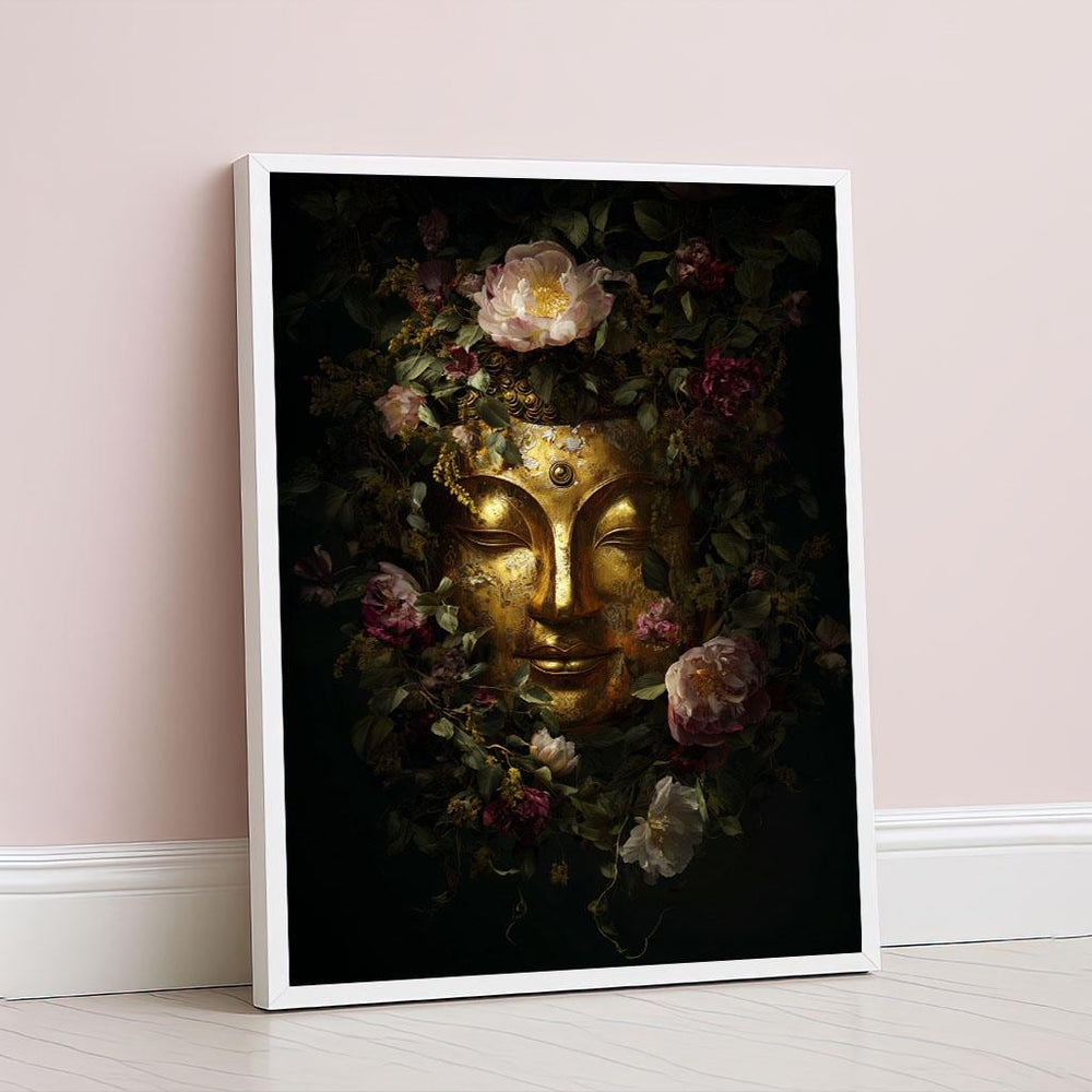 Golden Buddha Floral Canvas Wall Art Print  Tranquil Boho Living Room Decor  Statement Piece
