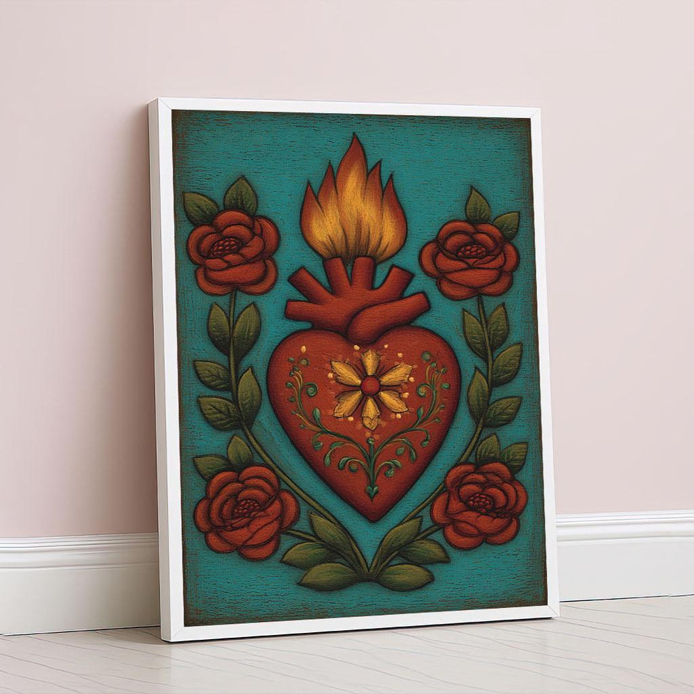 Sacred Heart and Roses Canvas Wall Art Print  Vibrant Folk Art Living Room Decor  Statement Piece