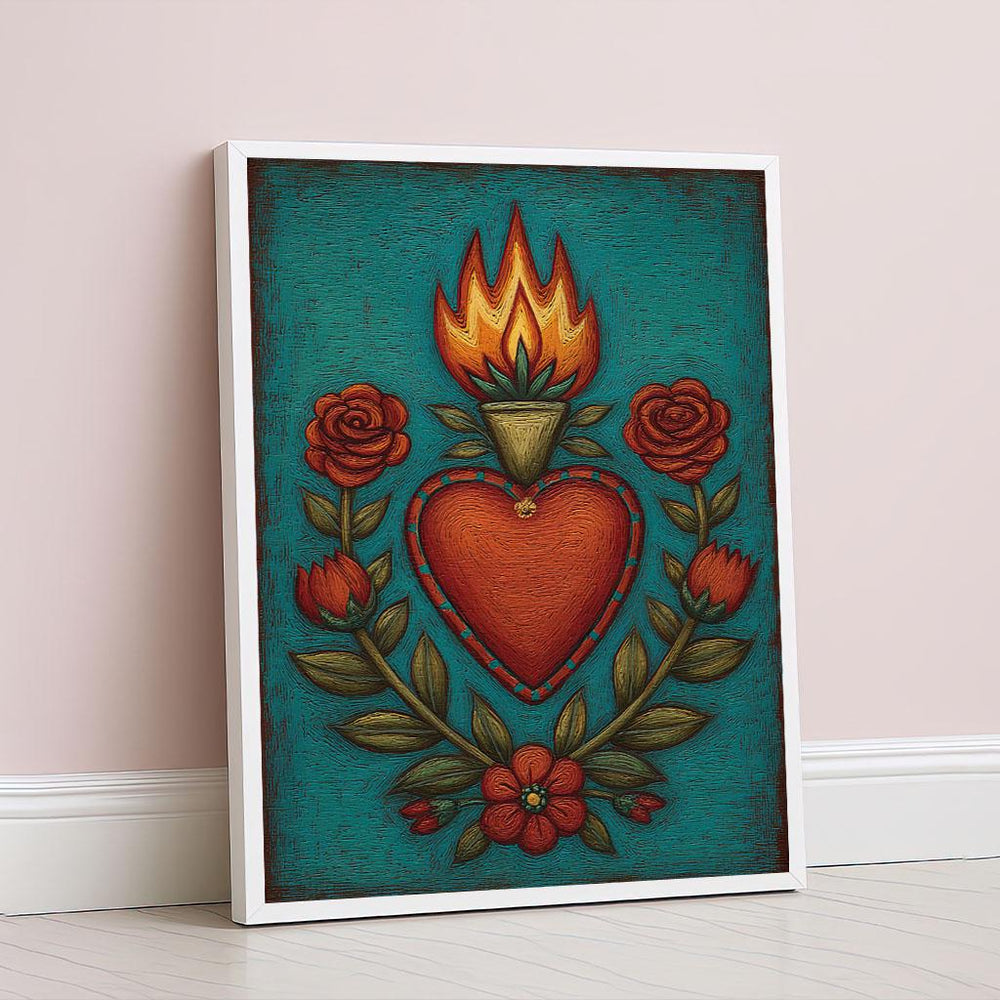Sacred Heart and Roses Canvas Wall Art Print  Vibrant Mexican Folk Art Living Room Decor  Statement Piece