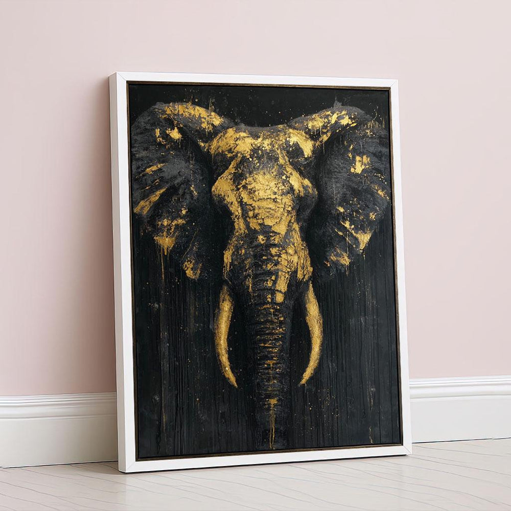 Regal Elephant Canvas Wall Art Print  Abstract Gold and Black Living Room Decor  Statement Piece