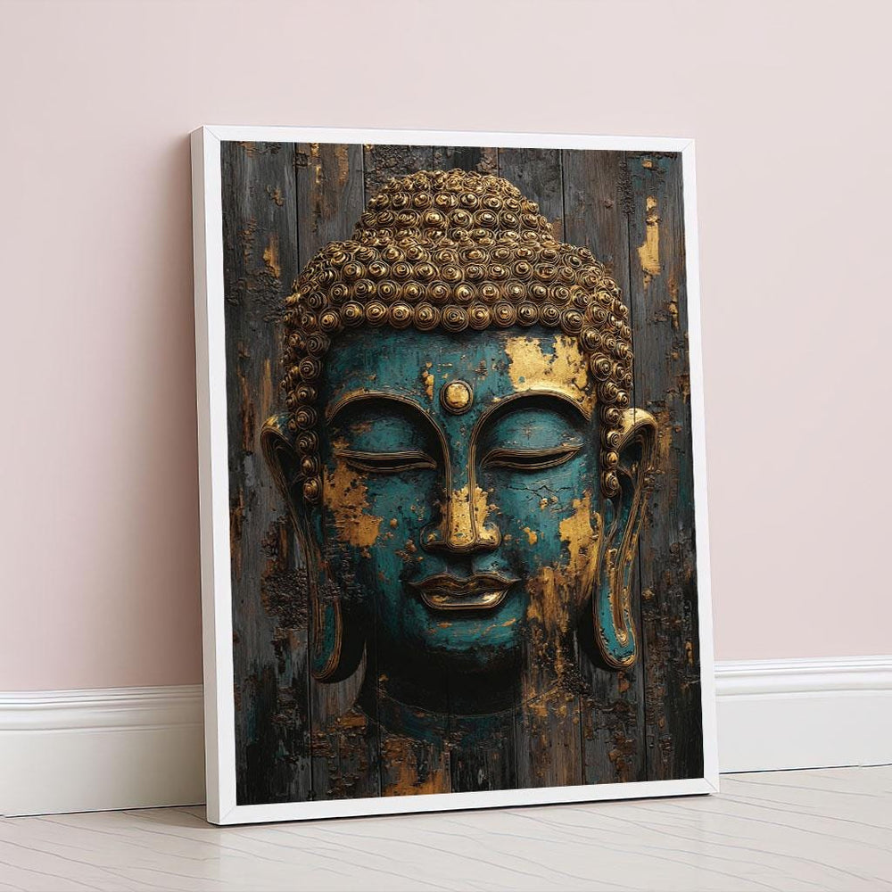 Serene Buddha Head Canvas Wall Art Print  Rustic Gold and Teal Living Room Decor  Statement Piece