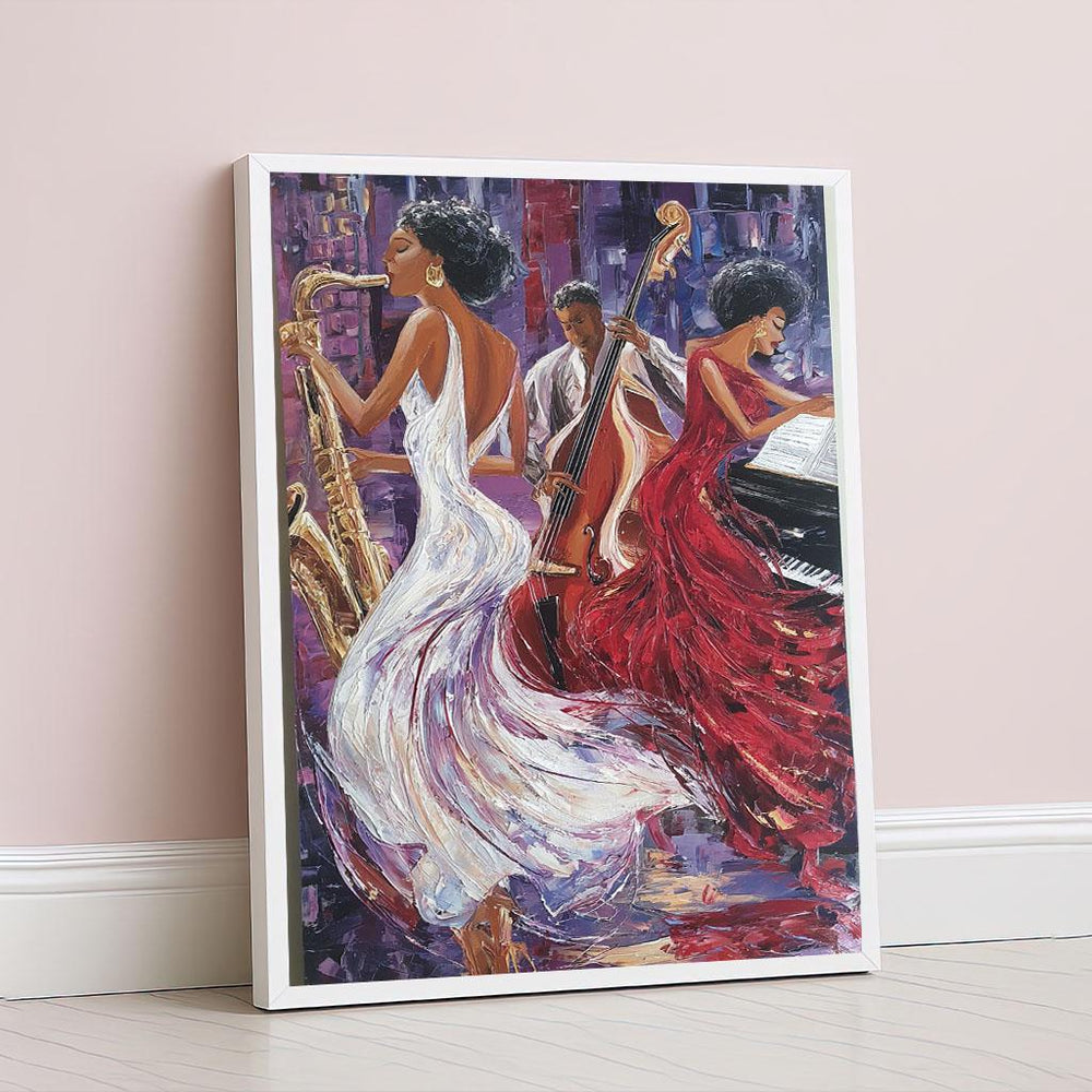 Jazz Trio Canvas Wall Art Print  Elegant Musician Portraits in Vibrant Style  Living Room Decor  Statement Piece