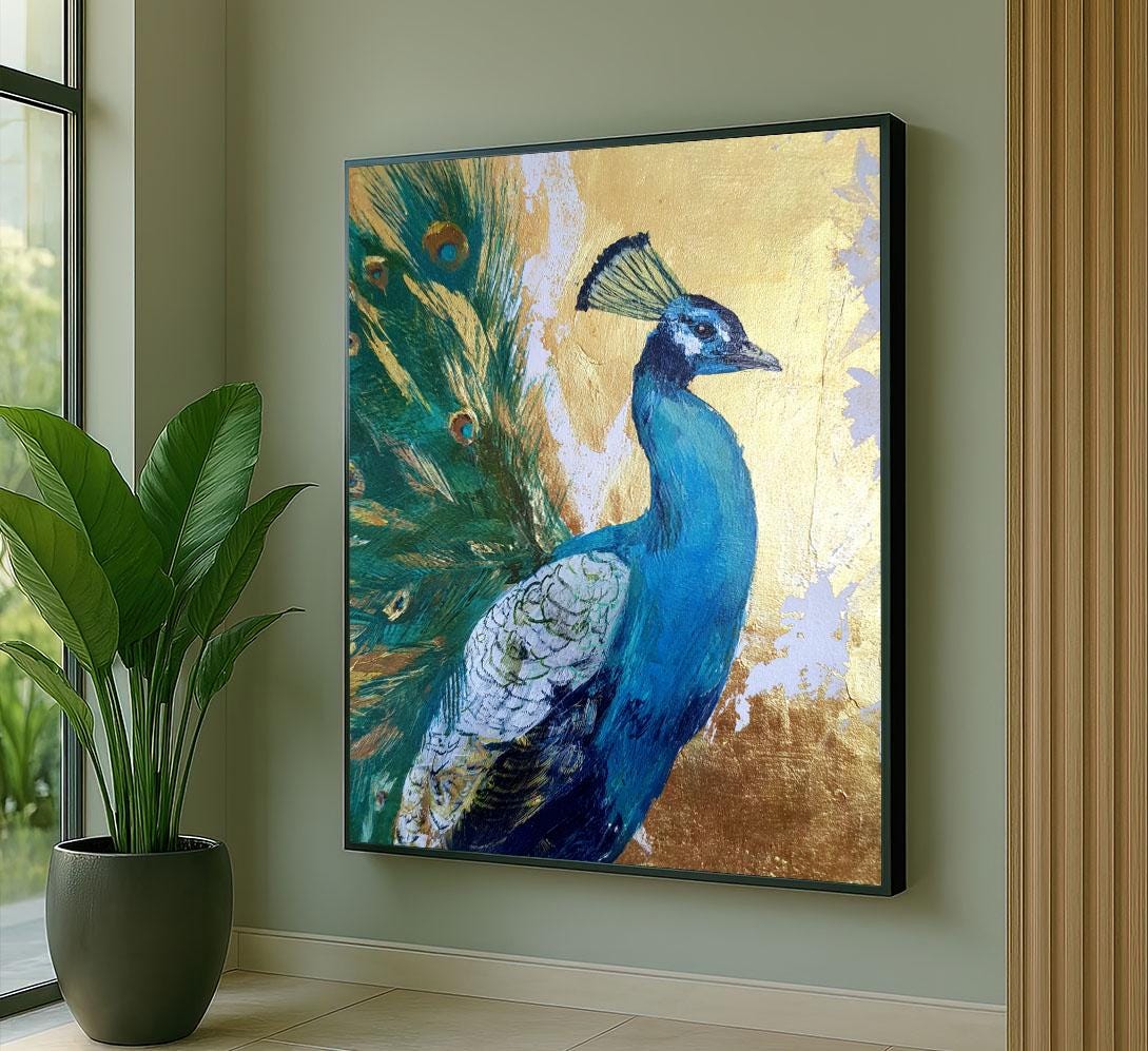 Image 2 of Elegant Peacock with Gold Accents Canvas Wall Art Print | Luxurious Living Room Decor | Statement Piece