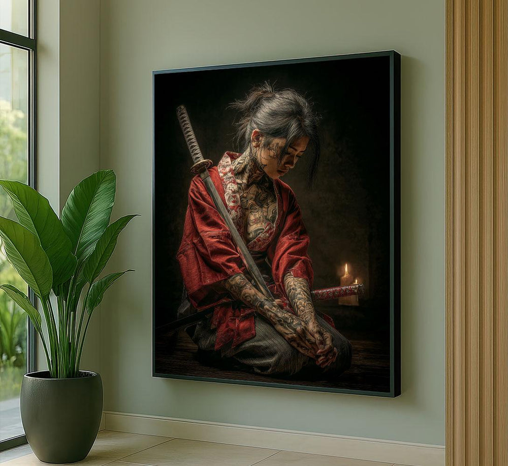 Samurai Warrior Woman Canvas Wall Art Print  Dramatic Japanese Style Living Room Decor  Statement Piece