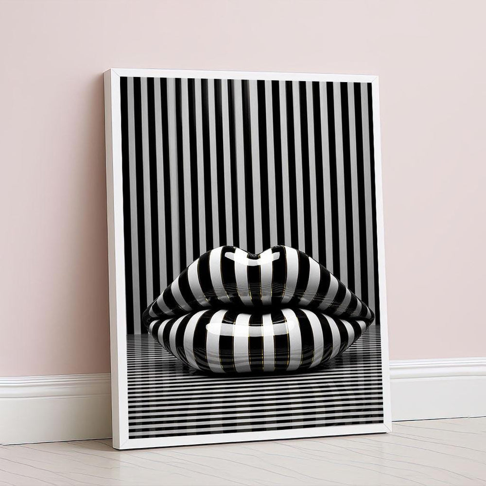Striped Lips Optical Illusion Canvas Wall Art Print  Black and White Modern Living Room Decor  Statement Piece