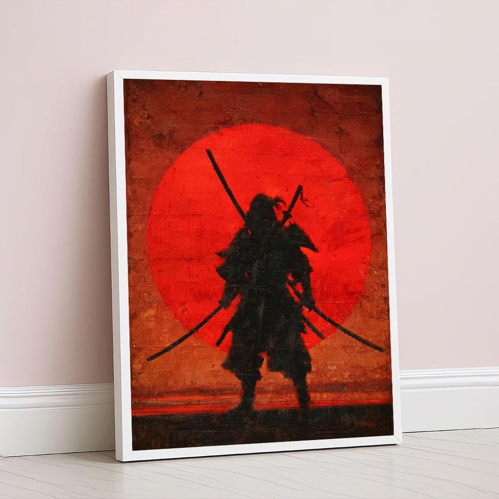 Mystical Samurai Warrior Canvas  Bold Japanese Style Art Print  Red Sunset Living Room Decor  Statement Piece
