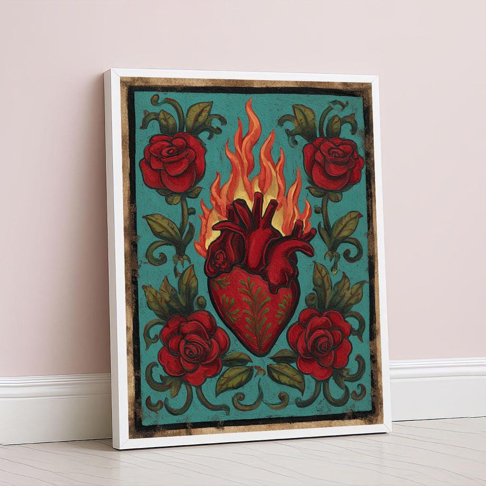 Fiery Sacred Heart Canvas Wall Art Print  Boho Living Room Decor  Statement Piece