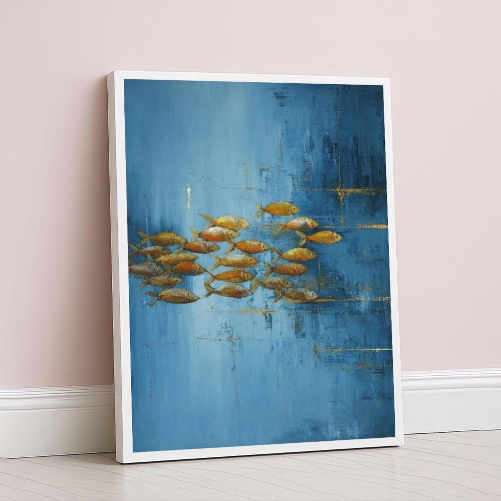 Serene Golden Fish Abstract Canvas Wall Art Print  Blue and Gold Living Room Decor  Ready to Hang Statement Piece