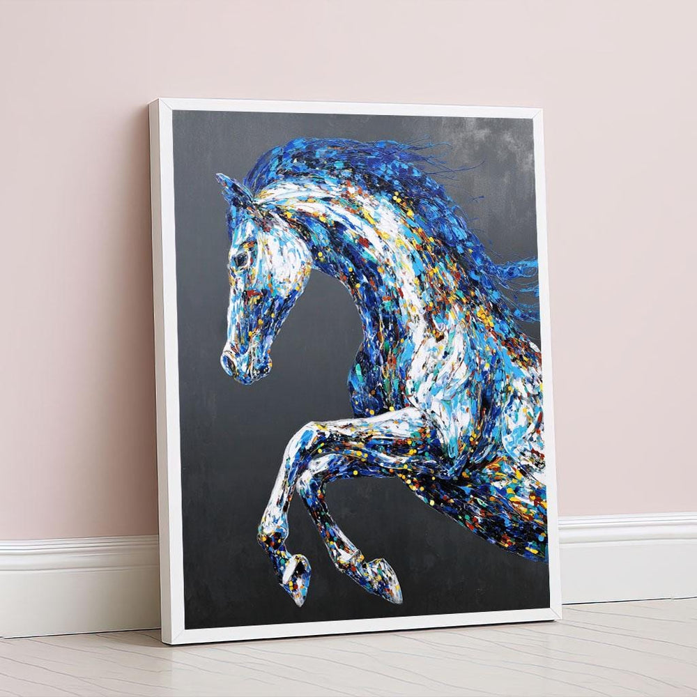 Dynamic Blue Horse Abstract Canvas Wall Art Print  Vibrant Living Room Decor  Statement Piece