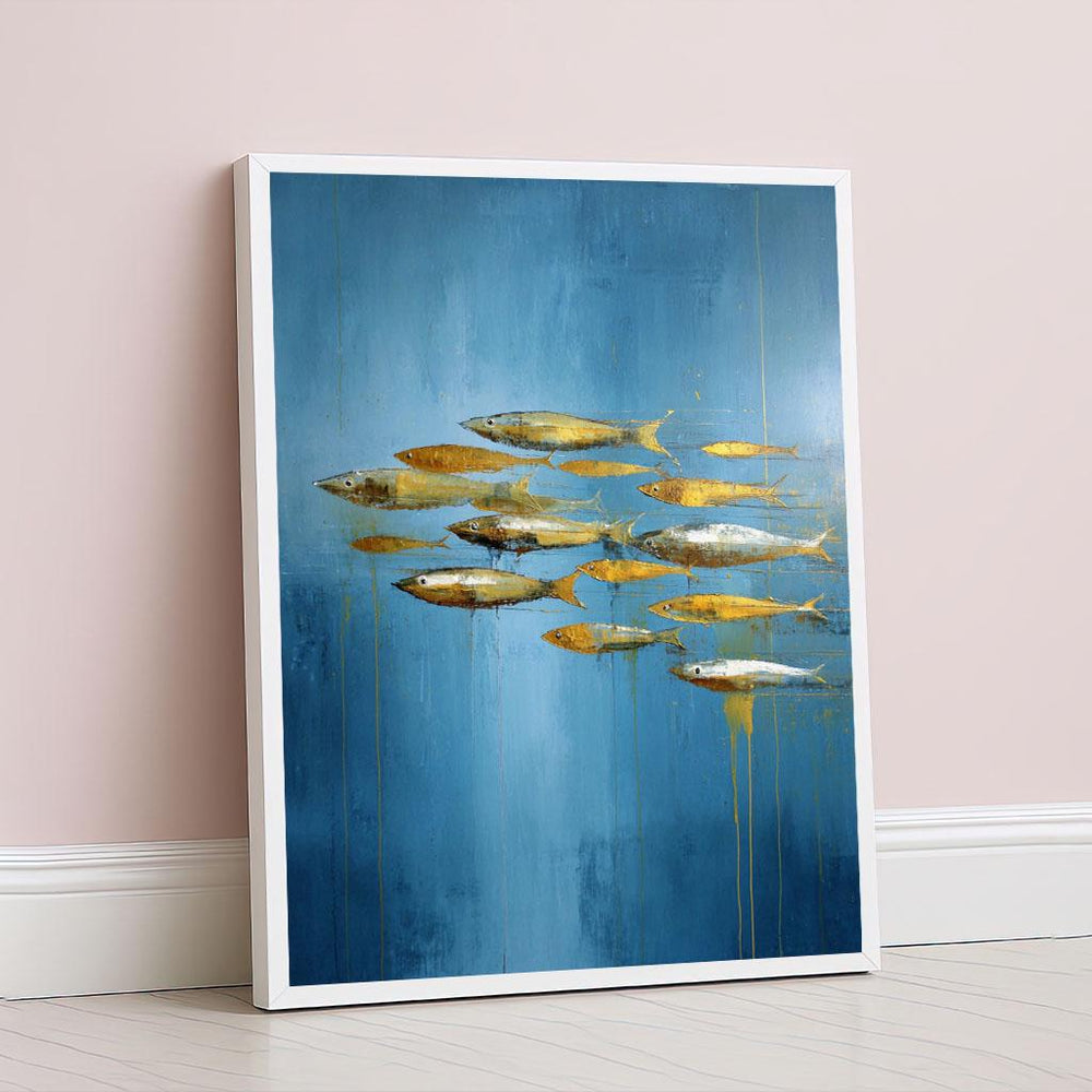 Golden Fish Abstract Canvas Wall Art Print  Blue and Gold Living Room Decor  Ready to Hang Statement Piece