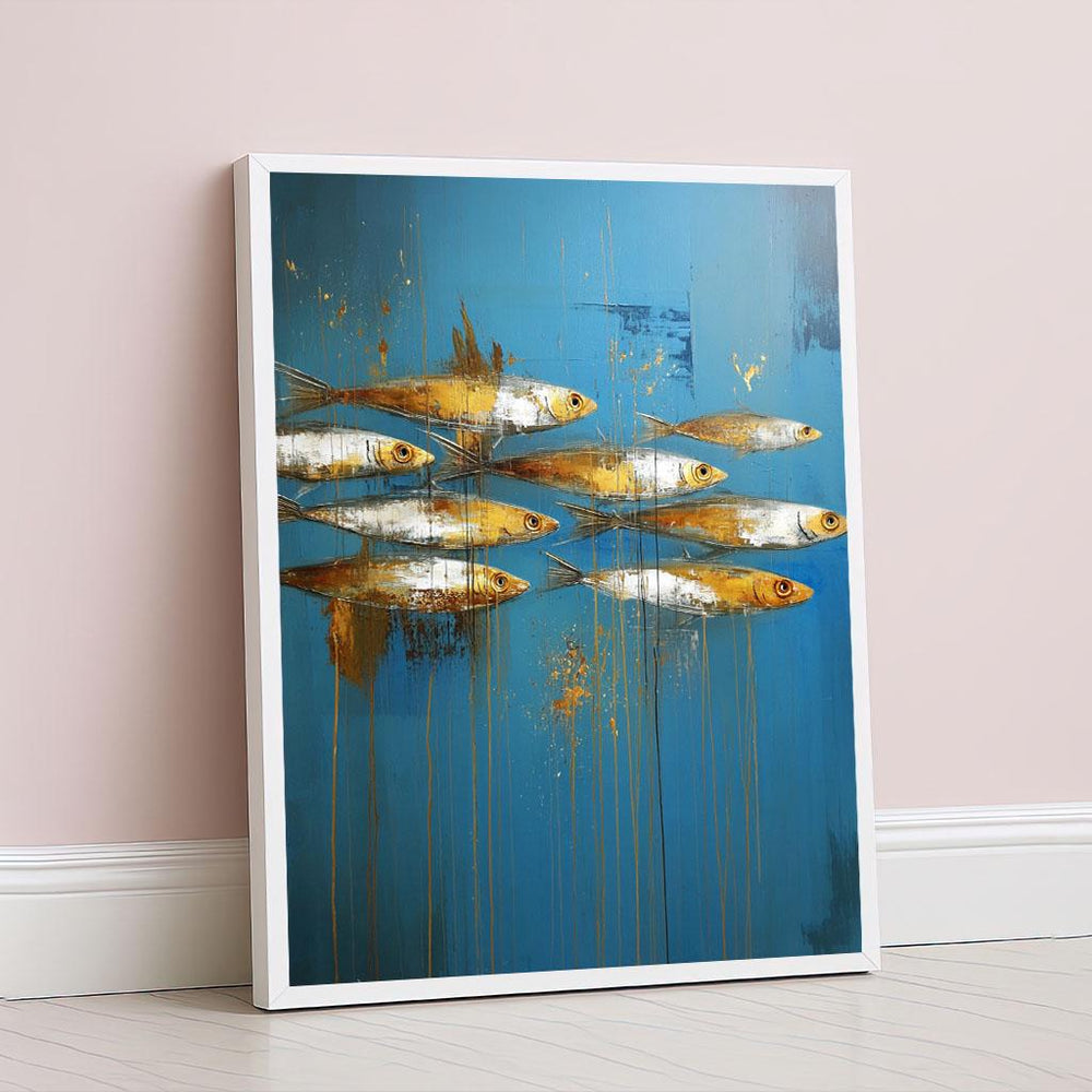 Golden Fish Abstract Canvas Wall Art Print  Blue and Gold Living Room Decor  Modern Statement Piece