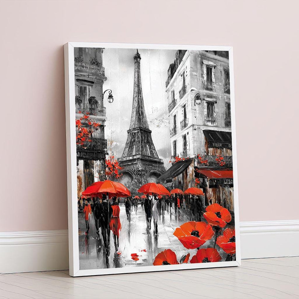 Eiffel Tower Paris Street Scene Canvas Wall Art Print  Red and Gray Living Room Decor  Modern Statement Piece