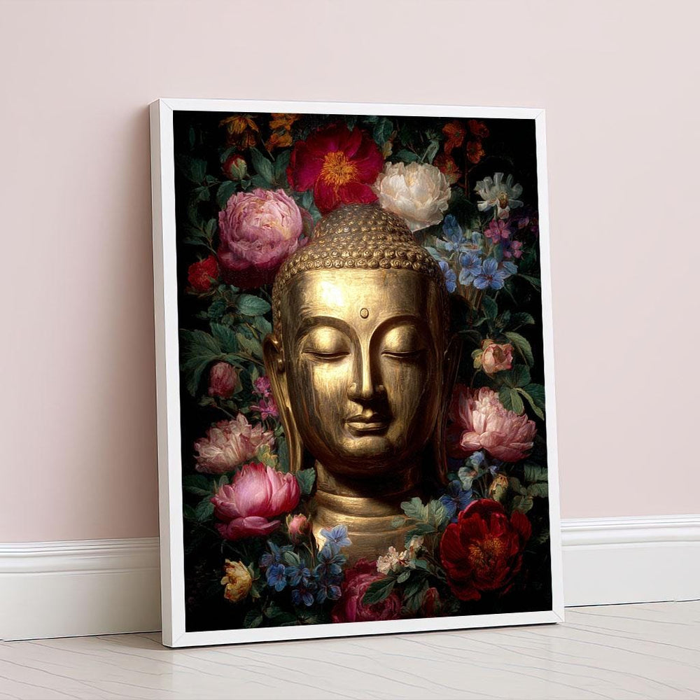 Golden Buddha with Floral Surround Canvas Wall Art Print  Vibrant Boho Living Room Decor  Statement Piece