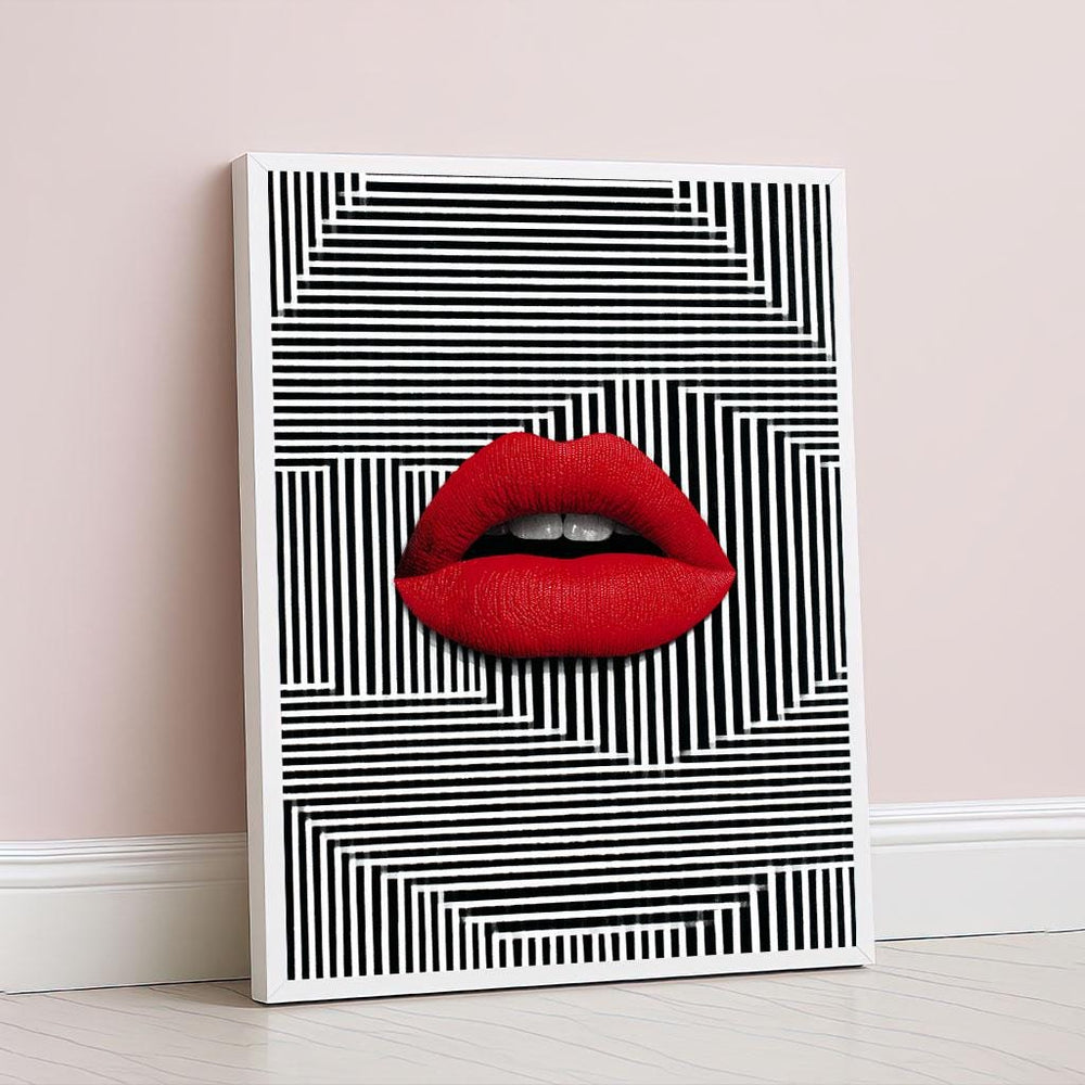 Bold Red Lips Optical Illusion Canvas Wall Art Print  Modern Living Room Decor  Statement Piece