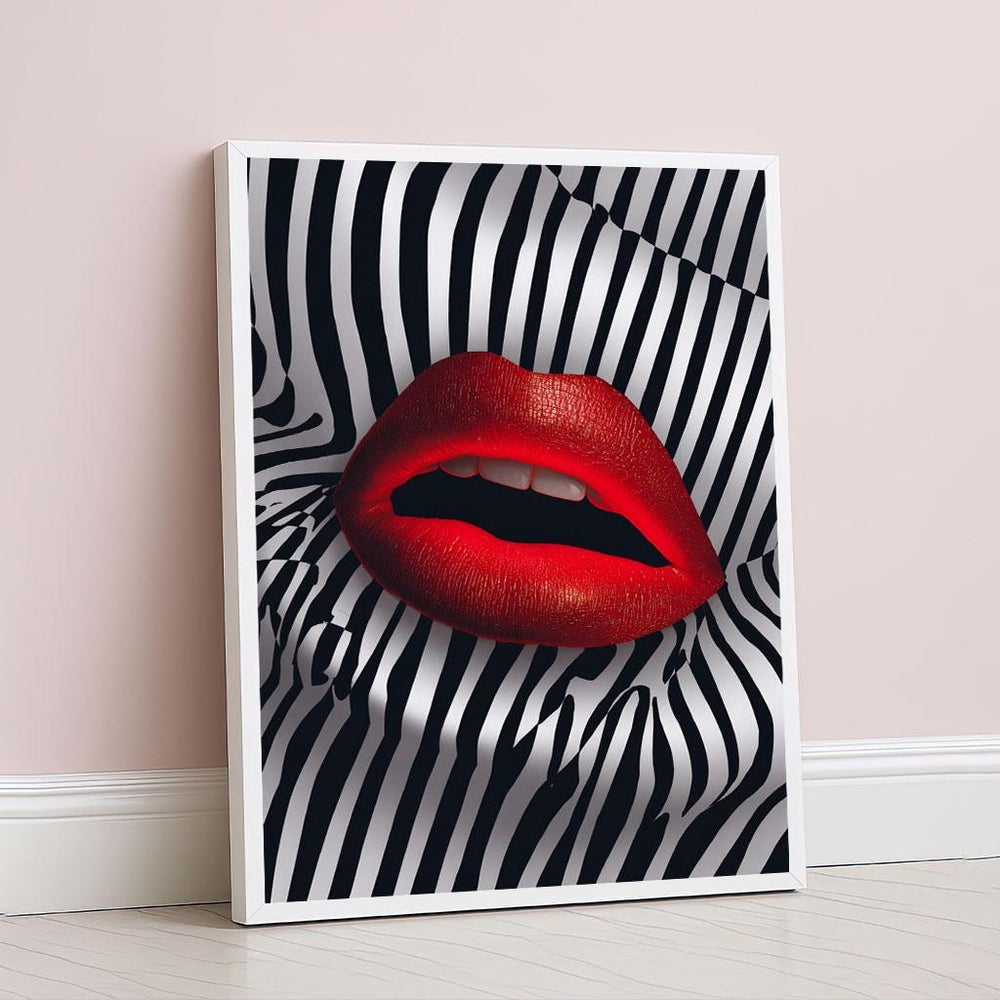 Bold Red Lips on Zebra Stripes Canvas Wall Art Print  Modern Bedroom Wall Decor  Statement Piece