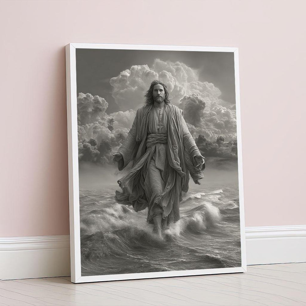 Radiant Jesus Walking on Water Canvas Wall Art Print  Serene Living Room Decor  Statement Piece