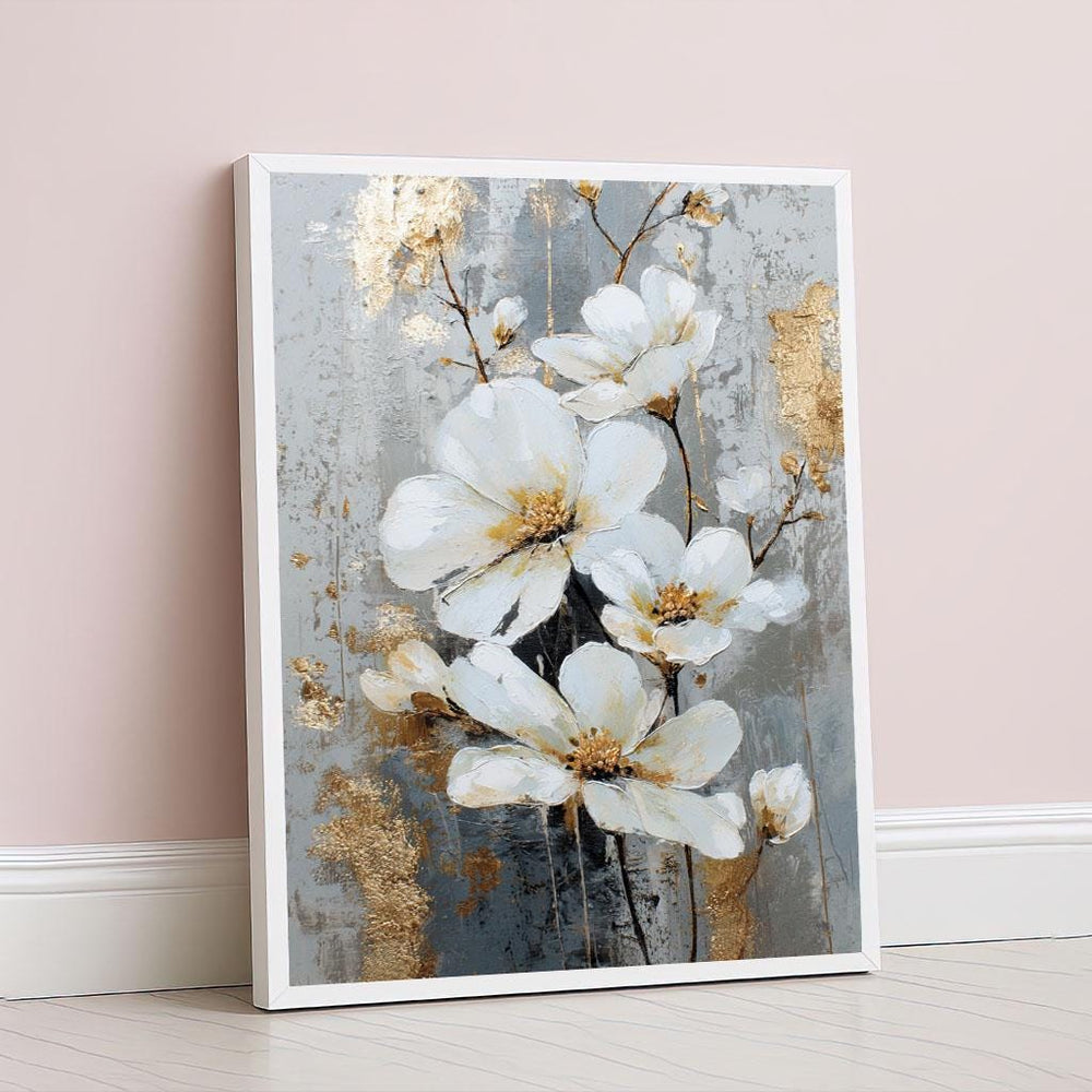 Elegant White Blossom Canvas Wall Art Print  Gold and Gray Living Room Decor  Statement Piece for Modern Art Lovers