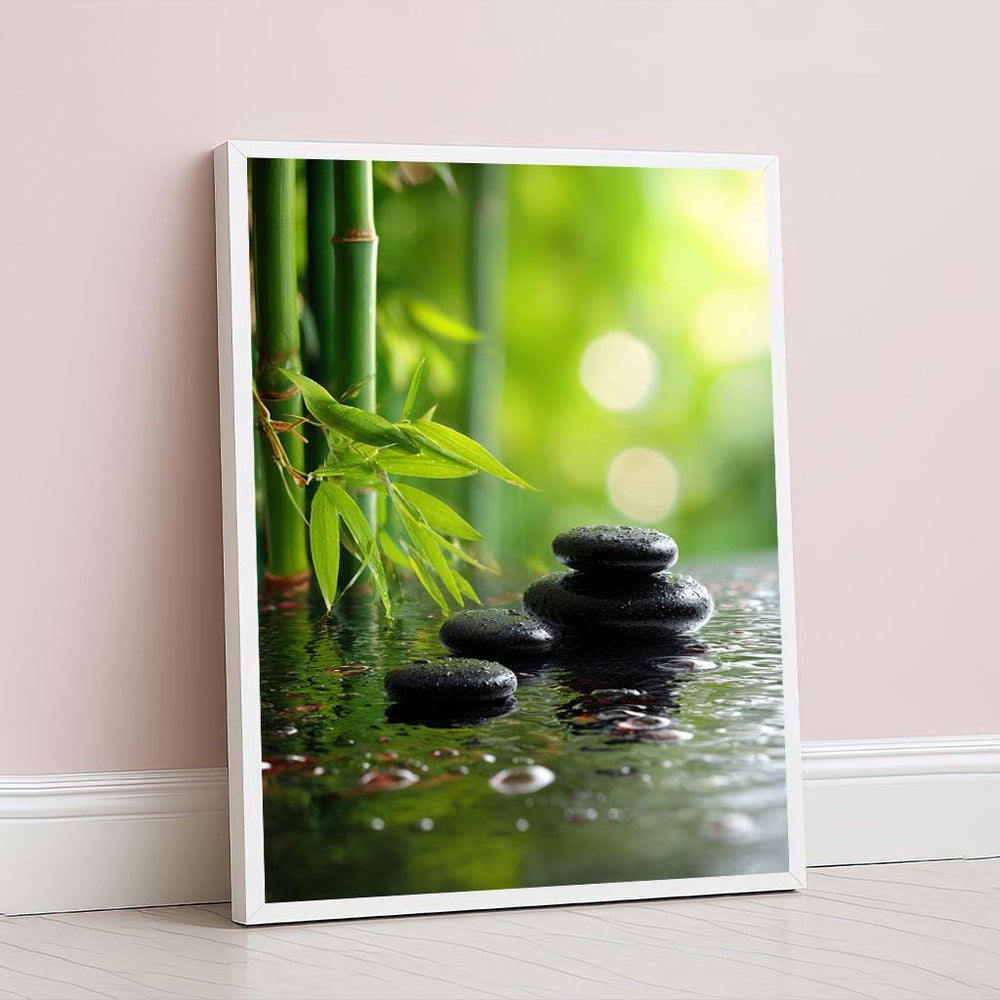 Zen Garden Stones and Bamboo Canvas Wall Art Print  Tranquil Green Living Room Decor  Ready to Hang