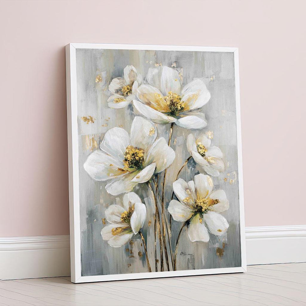 Elegant White Floral Canvas Wall Art Print  Minimalist Neutral Living Room Decor  Ready to Hang