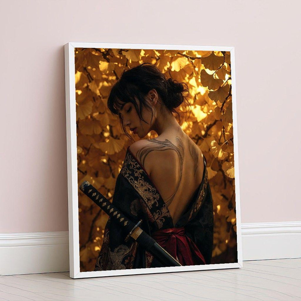 Japanese Geisha Gold Canvas Art, Samurai Wall Art