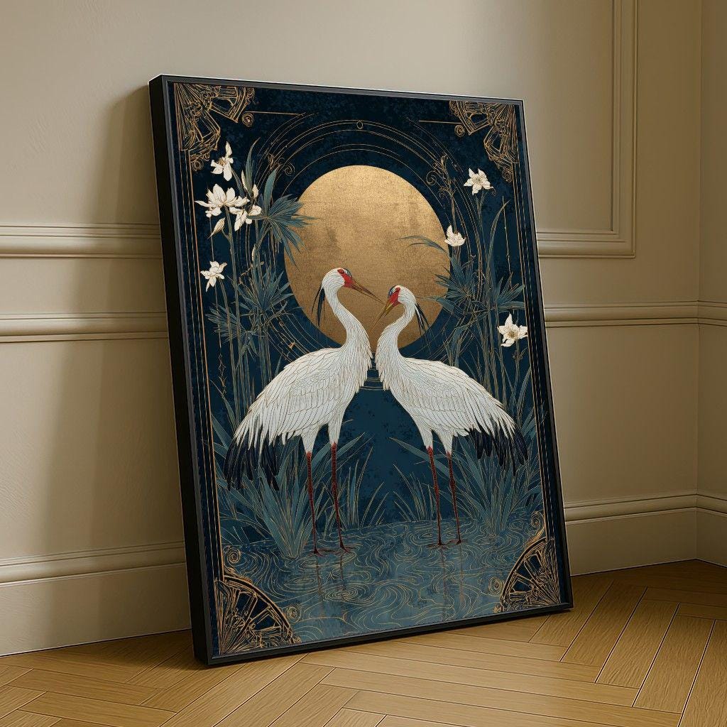Image 4 of Japanese Cranes Gold Moon Canvas Wall Art, Art