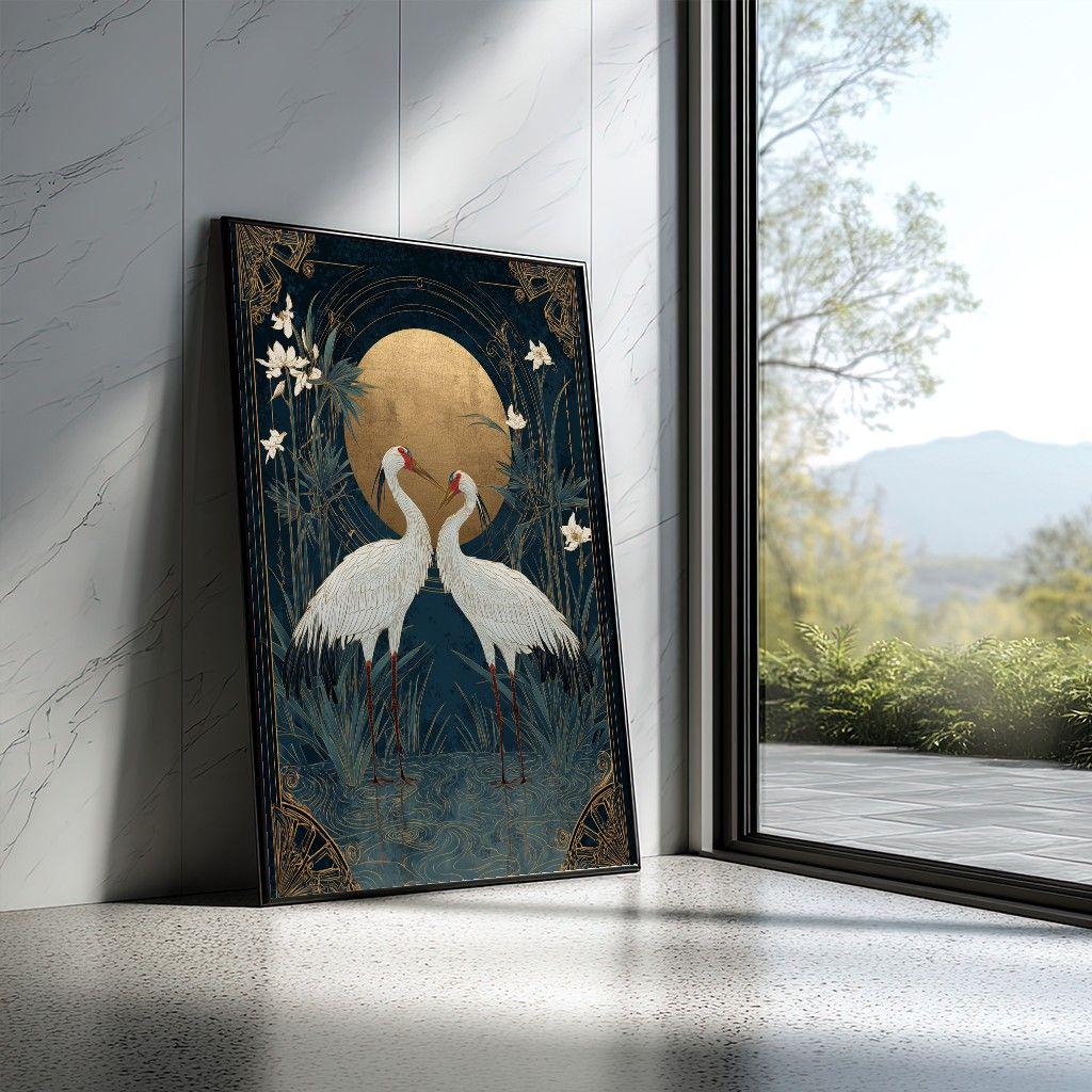Image 5 of Japanese Cranes Gold Moon Canvas Wall Art, Art