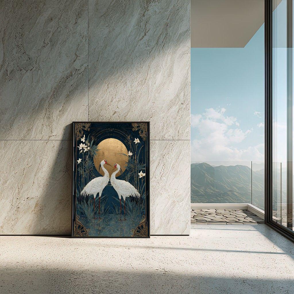 Image 6 of Japanese Cranes Gold Moon Canvas Wall Art, Art