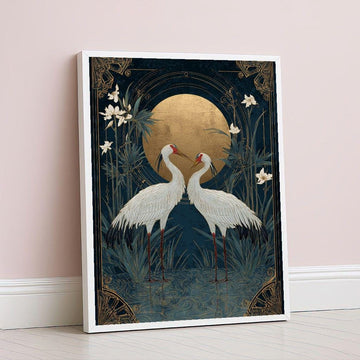 Image 1 of Japanese Cranes Gold Moon Canvas Wall Art, Art