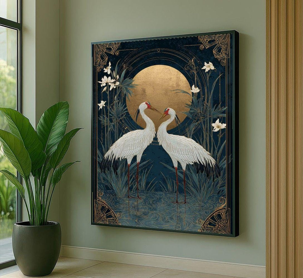 Japanese Cranes Gold Moon Canvas Wall Art, Art