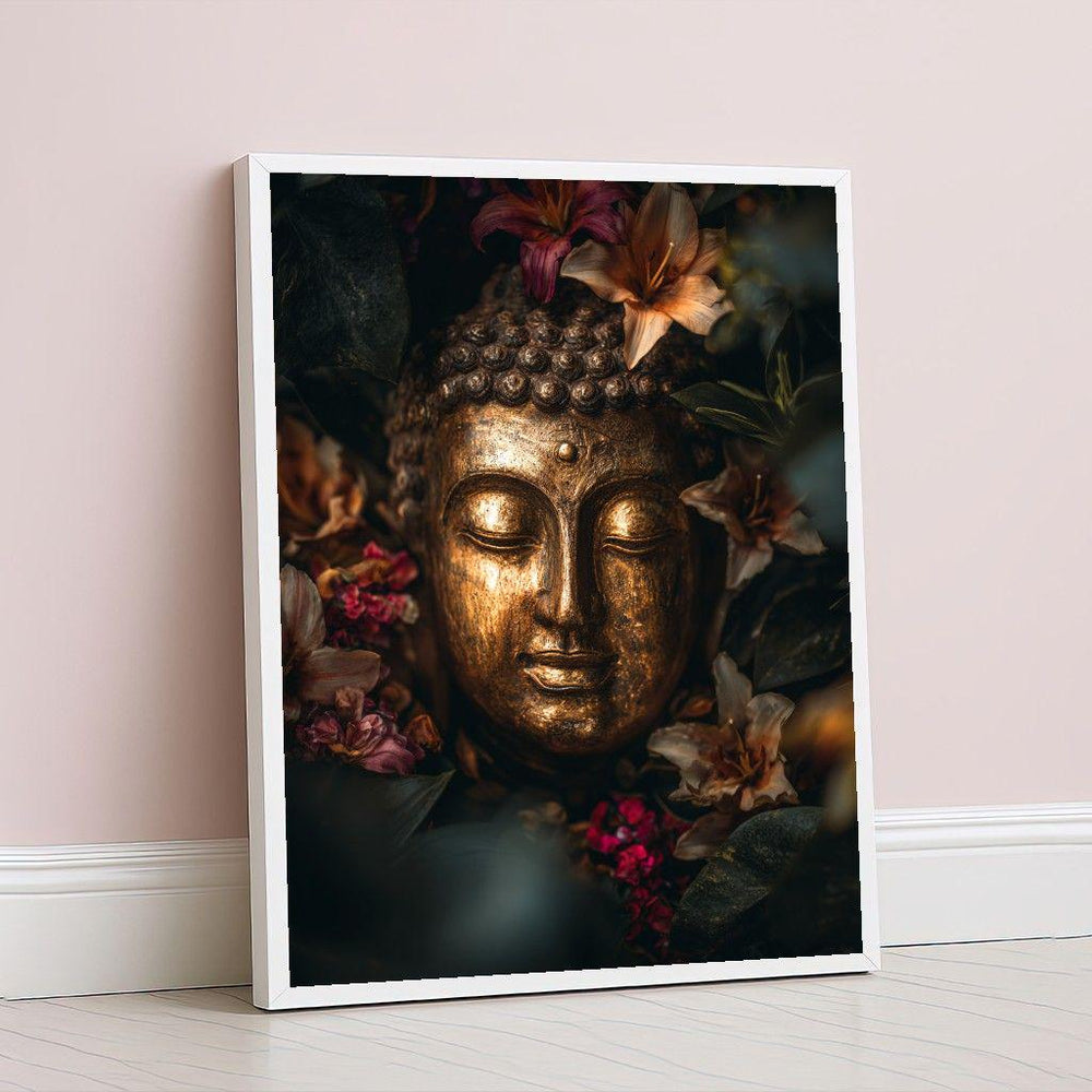 Golden Buddha Floral Canvas Wall Art, Meditation Art