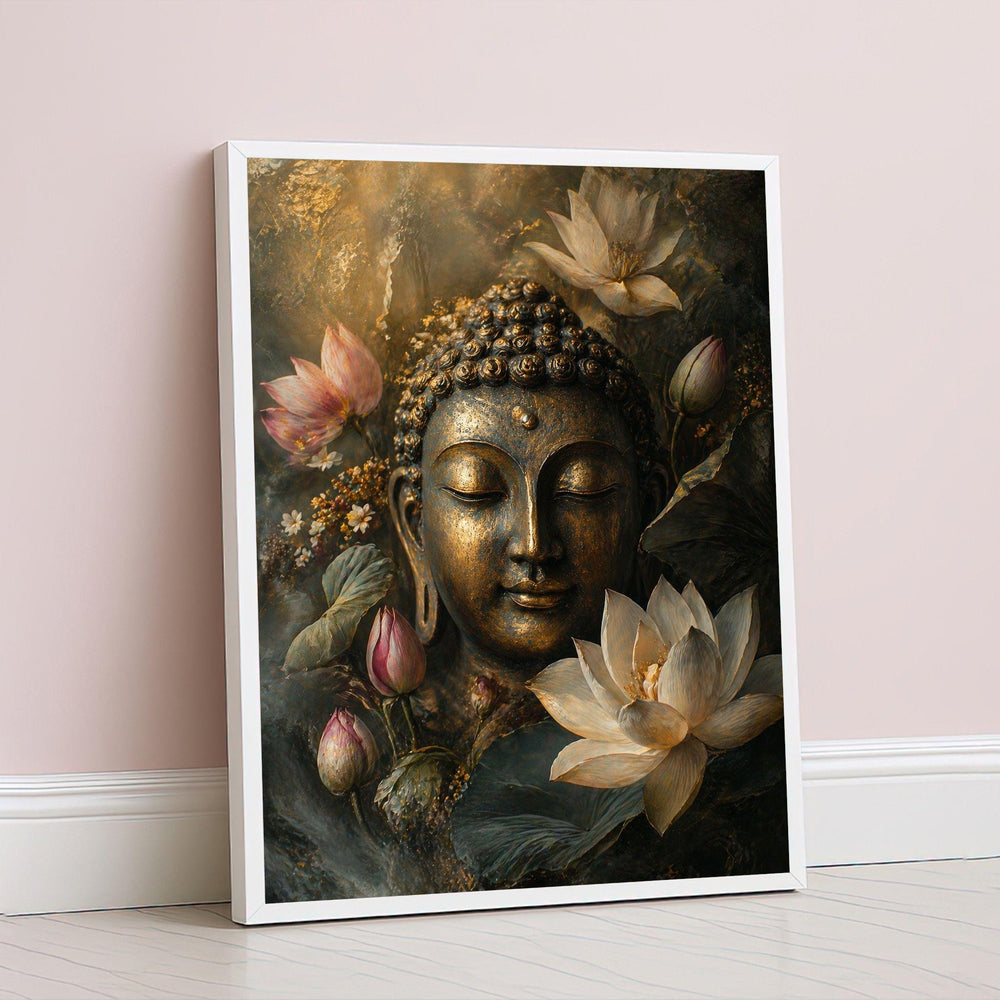 Buddha Meditation Golden Framed Wall Art, Serene Lotus Flowers Canvas Print, Zen Spiritual Living