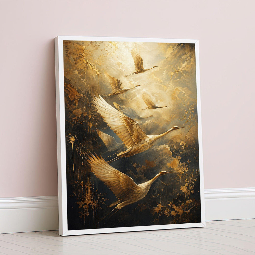 Golden Crane Framed Wall Art, Gold Feathered Canvas Print, Boho Living Room Decor