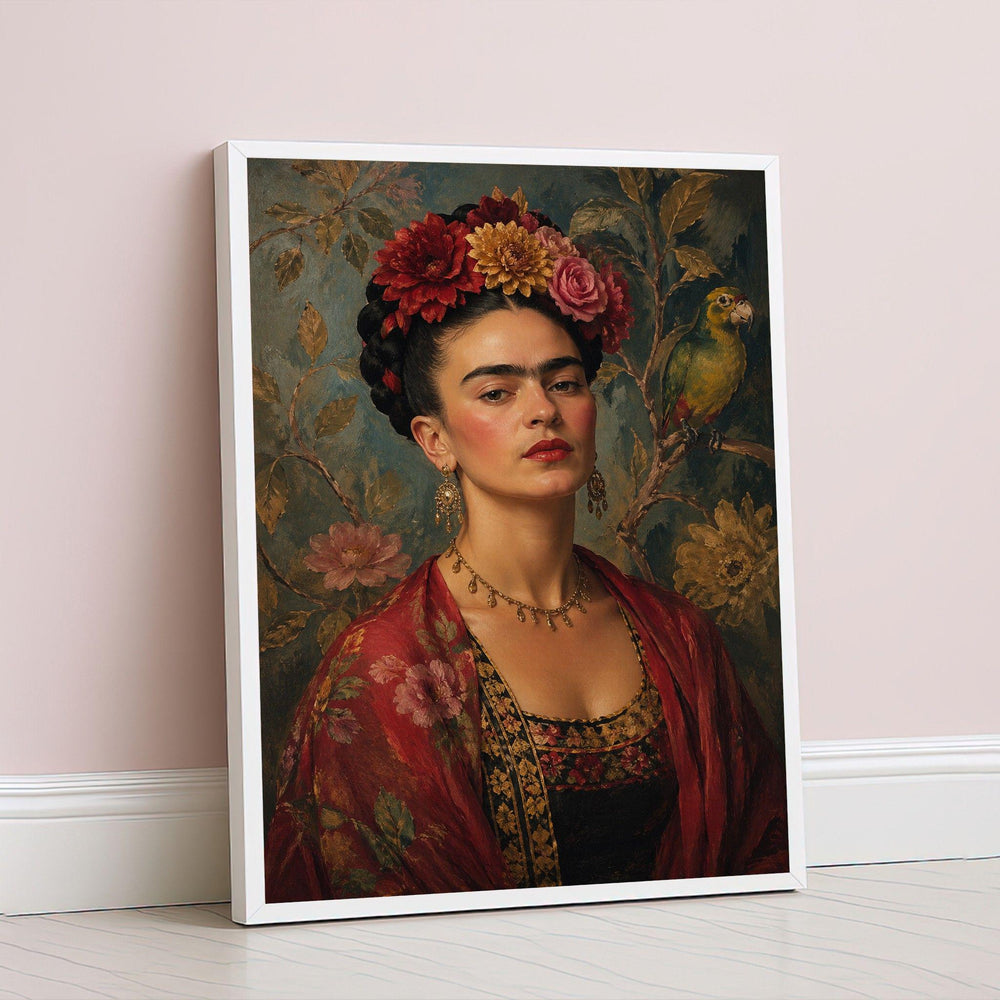 Frida Kahlo Floral Portrait Framed Wall Art, Colorful Vintage Canvas Print, Boho Bedroom Decor
