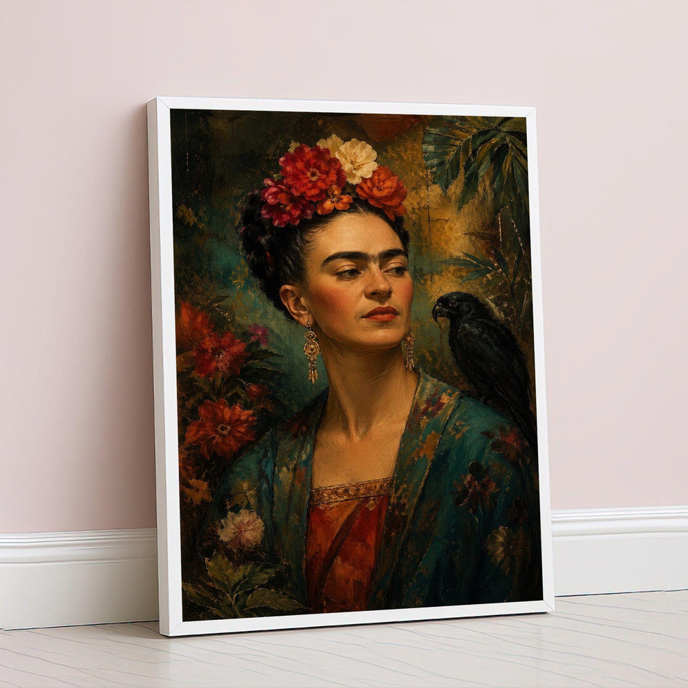 Frida Kahlo Floral Portrait Framed Wall Art, Colorful Botanical Canvas Print, Boho Living Room Decor
